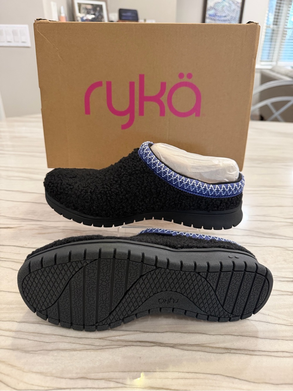 Ryka Black Slip-On Sherpa Clog with Blue Trim